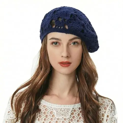 ZLYC Женщины Хлопок Slouchy Crochet Берет Ручной Работы Вырез Цветочные Шапочки Берет 