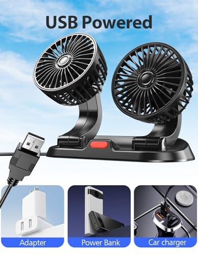 Zmirne Car Fan - Dual Head USB Fan for Car, Portable Vehicle Cooling Fan - Brushless Motor(2024 Upgraded) - 3 Speeds, 360° Rotation, for Car Dashboard, SUV/RV/Truck/Sedan/Cruise/Office, USB Powered - 4