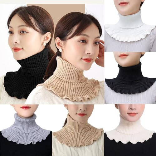 ZOHIKO Womens Turtleneck Ribbed Knitted False Collar Ruffles Wrap Solid Scarf Winter Warm Scarf Elastic Neck Sleeve - 4