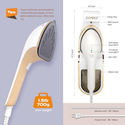 ZOKEZ Handheld Steamer for Clothes, 1500W Extra Large Soleplate, 330ml Detachable Tank, 2-in-1 Horizontal & Vertical Use, Fabric Wrinkles Remover, No Water Leak and Auto-Off - 5