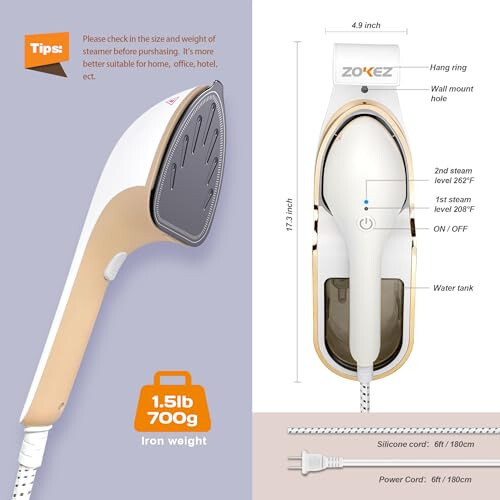 ZOKEZ Handheld Steamer for Clothes, 1500W Extra Large Soleplate Clothes Steamer, Detachable 330ml Water Tank, Garment Steamer & Steam Iron, Fabric Wrinkles Remover, No Water Leak and Auto-Off - 5