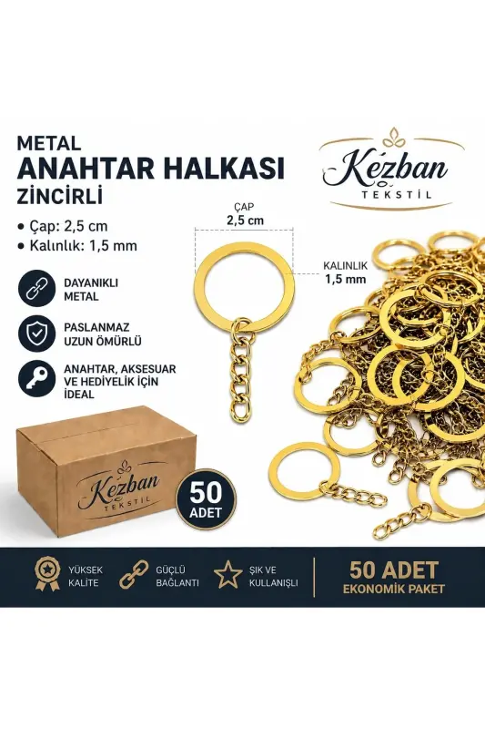Золотое кольцо для ключей с цепочкой 2,5 см 50 штук - KEZBAN TEKSTIL