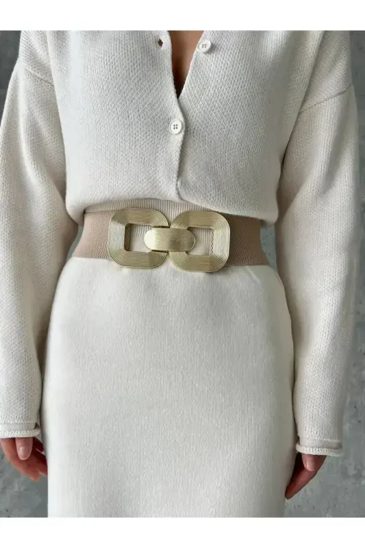 Золотой ремень с пряжкой, эластичный женский ремень, ремень для куртки, ремень для рубашки, ремень для платья - БЕЖЕВЫЙ - 2
