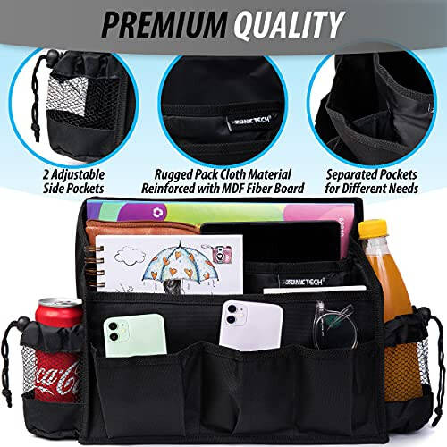 ZONETECH Multi-Pocket Organizer - Classic Black Durable Rugged Pack Cloth Premium Quality compact Car Seat Driver Headrest Organizer - 4