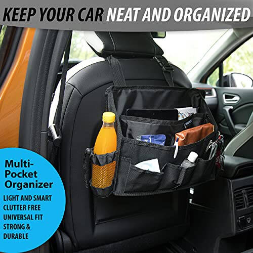 ZONETECH Multi-Pocket Organizer - Classic Black Durable Rugged Pack Cloth Premium Quality compact Car Seat Driver Headrest Organizer - 5