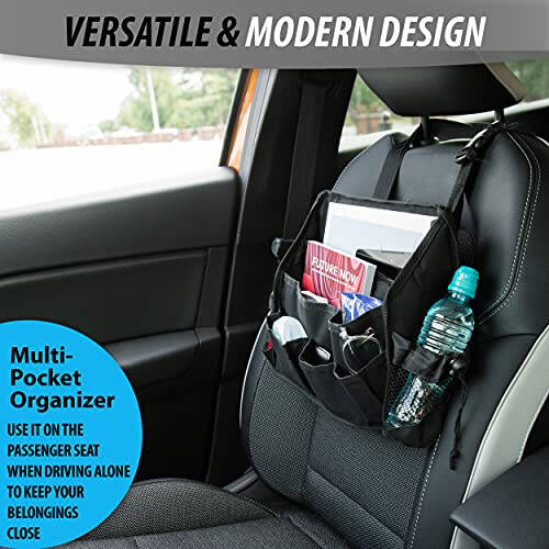 ZONETECH Multi-Pocket Organizer - Classic Black Durable Rugged Pack Cloth Premium Quality compact Car Seat Driver Headrest Organizer - 6