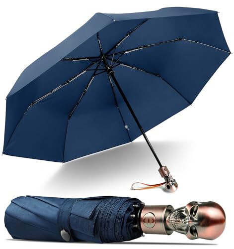 Lejorain Mens Black Skull Umbrella - Automatic Luxury Travel Windproof Umbrella Compact - Portable Strong Lightweight Rain Umbrella for Adults - 17