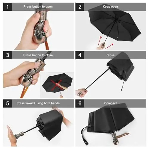 Зонт Lejorain Mens Black Skull Umbrella - автоматический, роскошный, дорожный, ветрозащитный, компактный, портативный, прочный, легкий зонт от дождя для взрослых - 2