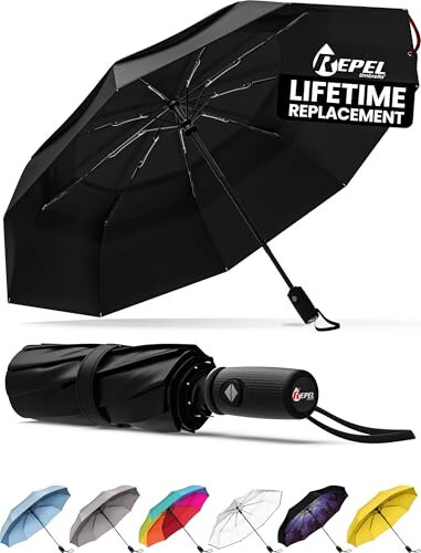 Зонтик Repel Windproof Travel Umbrella для дождя - Легкое автоматическое открытие и закрытие, прочный и компактный зонтик, прочная стекловолоконная рама, водонепроницаемый навес - рюкзак, сумка, портативный зонтик для путешествий - 1