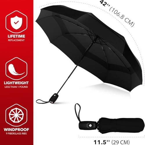 Зонтик Repel Windproof Travel Umbrella для дождя - Легкое автоматическое открытие и закрытие, прочный и компактный зонтик, прочная стекловолоконная рама, водонепроницаемый навес - рюкзак, сумка, портативный зонтик для путешествий - 3