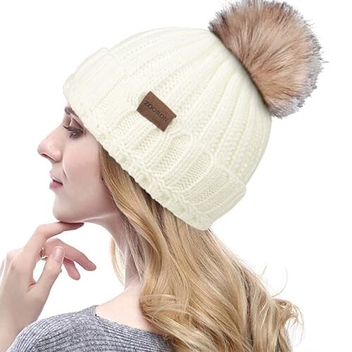 ZOORON Beanies for Womens Winter Knitted Beanies Hats with Faux Fur Pom Warm Knit Skull Cap - 1