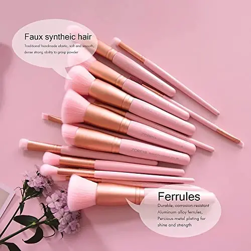 ZOREYA Makeup Brush Set - 15 Pcs Premium Synthetic Foundation Concealers Eye Shadows Make Up Brush,Eyeliner Brushes(Pink) - 2