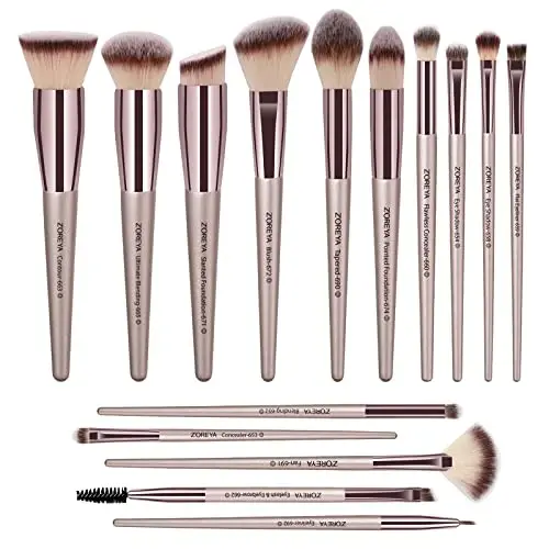 ZOREYA Makeup Brushes, 15 Pcs Professional Premium Synthetic Brush Set, Foundation Concealer Eyeshadow Blush Makeup Brush Set (Champagne Gold) - 1
