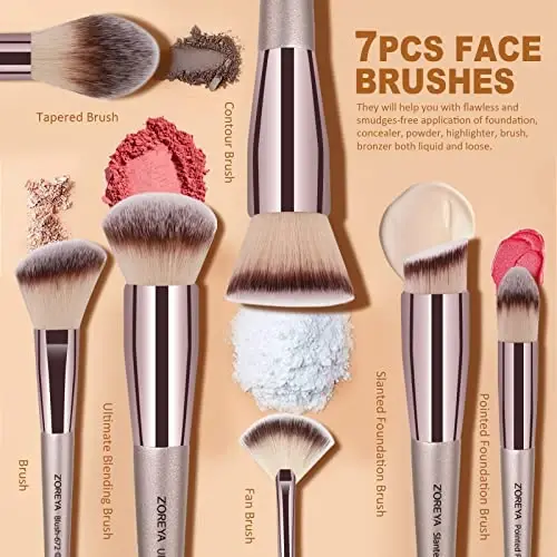 ZOREYA Makeup Brushes, 15 Pcs Professional Premium Synthetic Brush Set, Foundation Concealer Eyeshadow Blush Makeup Brush Set (Champagne Gold) - 5