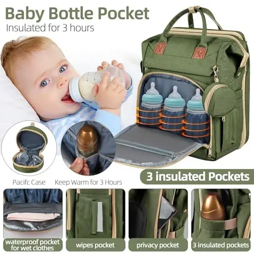 ZRSUN Baby Diaper Bag Backpack,Baby Shower Gifts, Multifunctional Travel Diaper Bag, Gifts for Mom with Portable Diaper Pad (Green) - 3