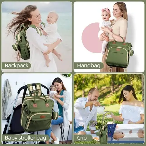 ZRSUN Baby Diaper Bag Backpack,Baby Shower Gifts, Multifunctional Travel Diaper Bag, Gifts for Mom with Portable Diaper Pad (Green) - 6