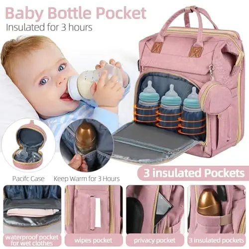 ZRSUN Baby Diaper Bag Backpack,Baby Shower Gifts, Multifunctional Travel Diaper Bag, Gifts for Mom with Portable Diaper Pad,Pink - 3