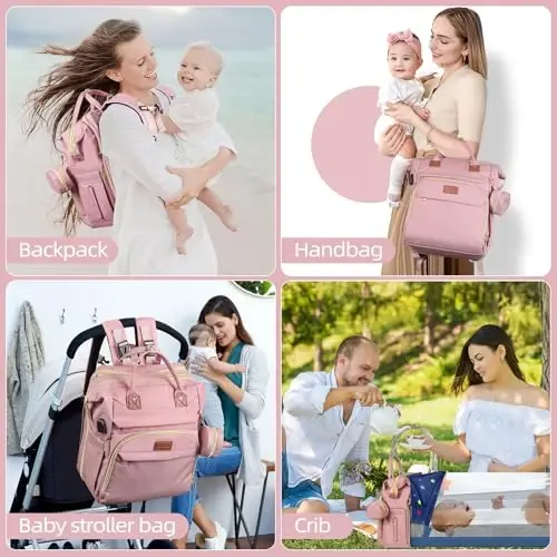 ZRSUN Baby Diaper Bag Backpack,Baby Shower Gifts, Multifunctional Travel Diaper Bag, Gifts for Mom with Portable Diaper Pad,Pink - 6