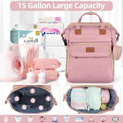 ZRSUN Baby Diaper Bag Backpack,Baby Shower Gifts, Multifunctional Travel Diaper Bag, Gifts for Mom with Portable Diaper Pad,Pink - 2