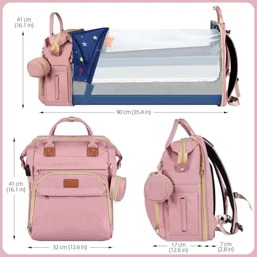ZRSUN Baby Diaper Bag Backpack,Baby Shower Gifts, Multifunctional Travel Diaper Bag, Gifts for Mom with Portable Diaper Pad,Pink - 5