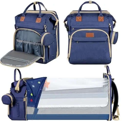 ZRSUN Diaper Bag Backpack, Multifunctional Baby Travel Bag with Foldable Changing Station, Portable Changing Pad, USB Charging Port, Blue - 1