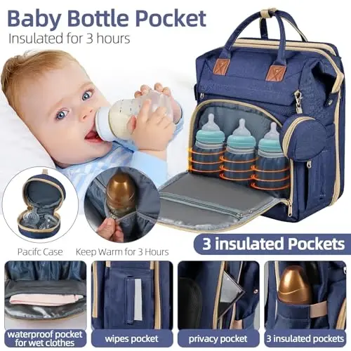 ZRSUN Diaper Bag Backpack, Multifunctional Baby Travel Bag with Foldable Changing Station, Portable Changing Pad, USB Charging Port, Blue - 3
