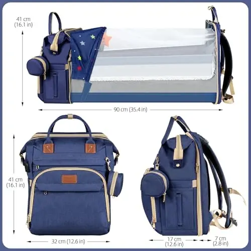 ZRSUN Diaper Bag Backpack, Multifunctional Baby Travel Bag with Foldable Changing Station, Portable Changing Pad, USB Charging Port, Blue - 5