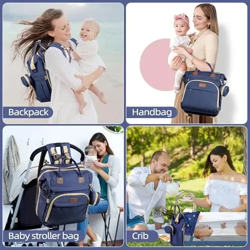 ZRSUN Diaper Bag Backpack, Multifunctional Baby Travel Bag with Foldable Changing Station, Portable Changing Pad, USB Charging Port, Blue - 6