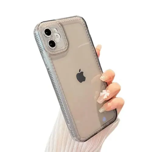 ZTOFERA iPhone 12 6.1 dyuym uchun mo'ljallangan, Ayollar qizlar uchun yoqimli shaffof g'ilof, iPhone 12 uchun jozibali yaltiroq moslashuvchan yumshoq TPU silikon bamper himoya qopqog'i, kulrang 