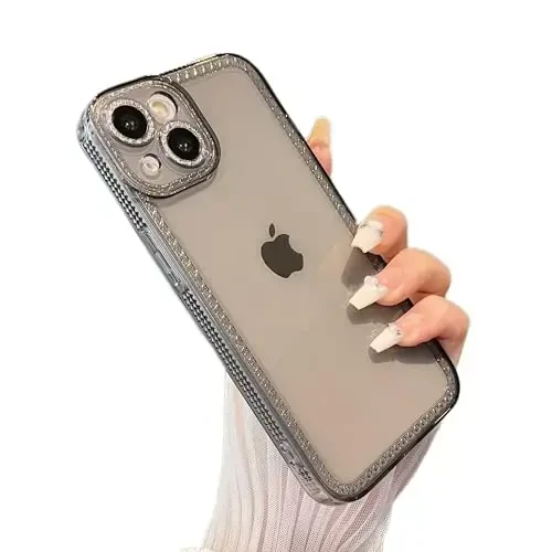 ZTOFERA iPhone 14 Plus/15 Plus 6.7 dyuym uchun mo'ljallangan, ayollar qizlar uchun yorqin jozibali tiniq g'ilof, iPhone 14 Plus/15 Plus uchun yaltiroq moslashuvchan yumshoq TPU silikon bamper himoya qopqog'i, kulrang 