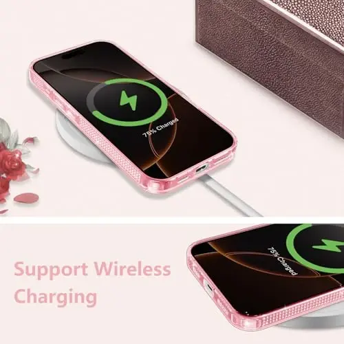 ZTOFERA iPhone 16 Pro 6.3 dyuym uchun mo'ljallangan, ayollar qizlar uchun yorqin chiroyli tiniq g'ilof, iPhone 16 Pro uchun jiloli moslashuvchan yumshoq TPU silikon bamper himoya qopqog'i, pushti - 4