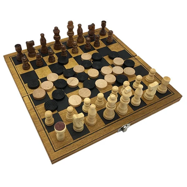 Zummy Natural Wooden 2 in 1 Chess and Checkers Game Puzzle - Mini Size - ZUMMY