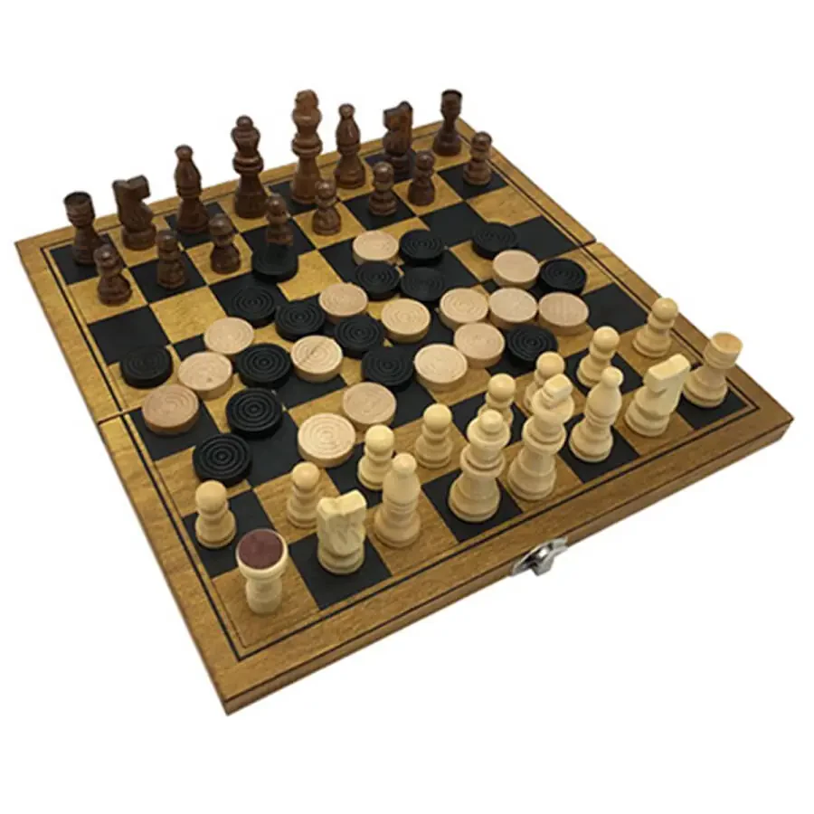 Zummy Natural Wooden 2 in 1 Chess and Checkers Game Puzzle - Mini Size - 1