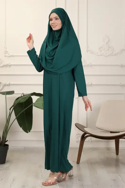 Zumrad bir qismli, qulay, o'z-o'zidan ro'molli namoz libosi - Zumrad yashil - 5