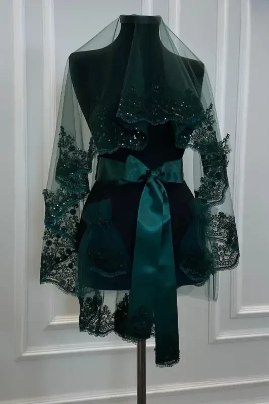 Zumrad yashil jilvali gupyurli xina duvak to‘plami, Kelin duvog‘i to‘plami - Zumrad yashil - 3