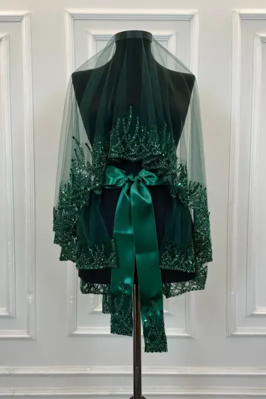 Zumrad yashil olov naqshli kelinlik fatiha to'plami, tangachali munchoqli suv toshli xina fatiha to'plami 6 qism - Yashil - 2