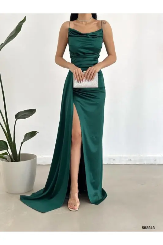 zümrüt Saten Ön Pileli Abiye Elbise-Zümrüt - 1