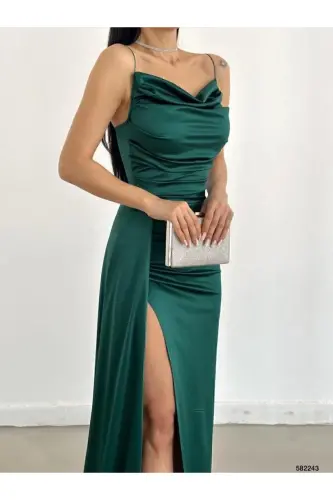 zümrüt Saten Ön Pileli Abiye Elbise-Zümrüt - MAFDRESS (1)