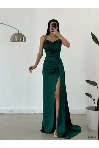 zümrüt Saten Ön Pileli Abiye Elbise-Zümrüt - 3