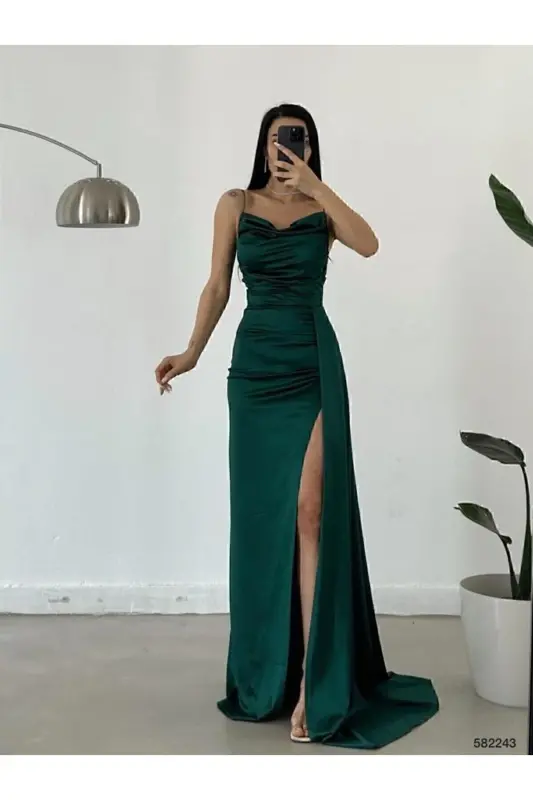 zümrüt Saten Ön Pileli Abiye Elbise-Zümrüt - 3