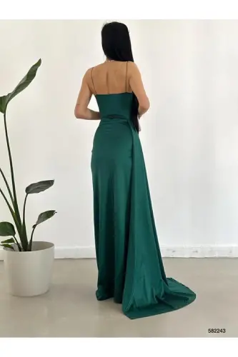 zümrüt Saten Ön Pileli Abiye Elbise-Zümrüt - 4