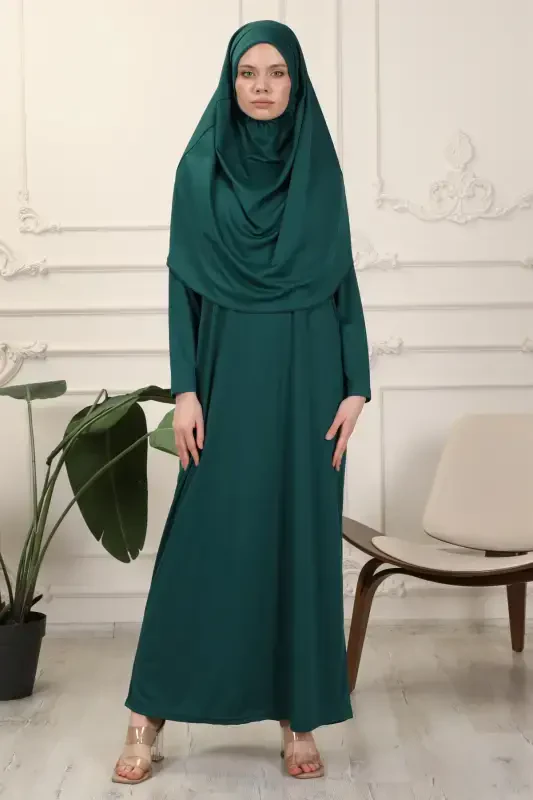 Zümrüt Tek Parça Kolay Kullanımlı Kendiliğinden Başörtülü Namaz Elbisesi-Zümrüt Yeşili - 3