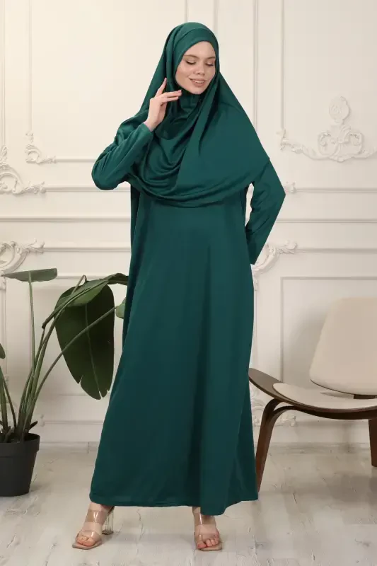 Zümrüt Tek Parça Kolay Kullanımlı Kendiliğinden Başörtülü Namaz Elbisesi-Zümrüt Yeşili - 4