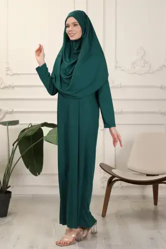 Zümrüt Tek Parça Kolay Kullanımlı Kendiliğinden Başörtülü Namaz Elbisesi-Zümrüt Yeşili - 5