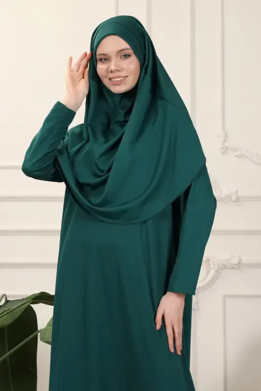Zümrüt Tek Parça Kolay Kullanımlı Kendiliğinden Başörtülü Namaz Elbisesi-Zümrüt Yeşili - 6