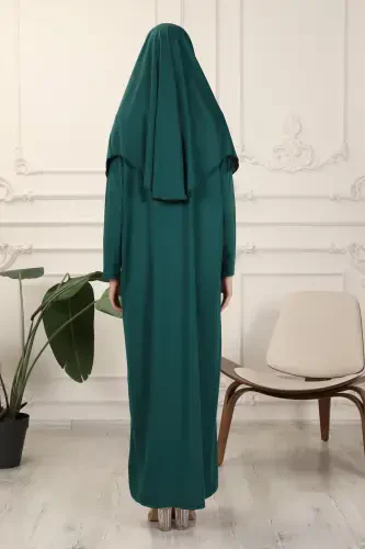 Zümrüt Tek Parça Kolay Kullanımlı Kendiliğinden Başörtülü Namaz Elbisesi-Zümrüt Yeşili - 8