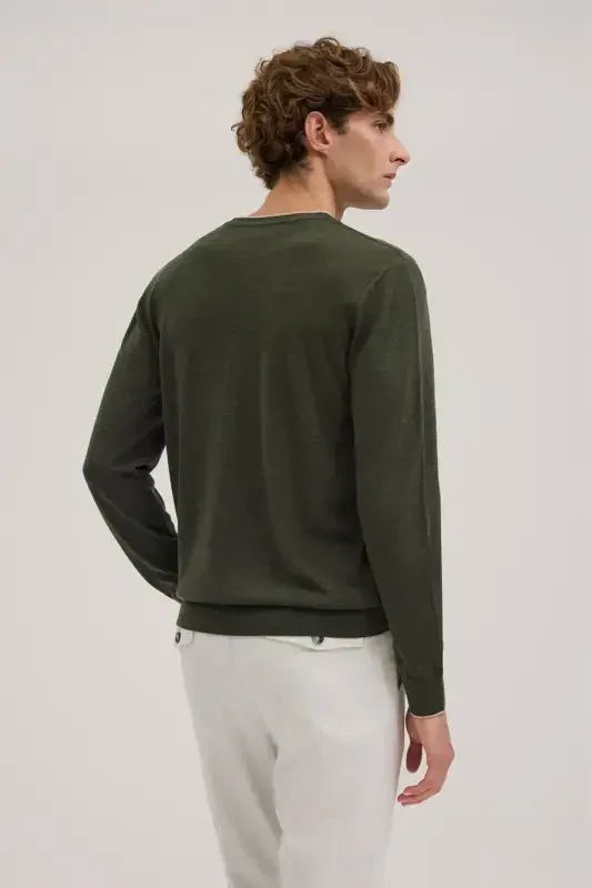 Zümrüt Yeşil Slim Fit Bisiklet Yaka V Tiftikli Yünlü Triko Kazak - 4