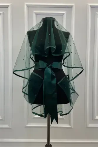 Zümrüt Yeşili Biyeli Bol Incili Gelin Duvak Seti-BİYELİİNCİLİZÜMRÜT - 3