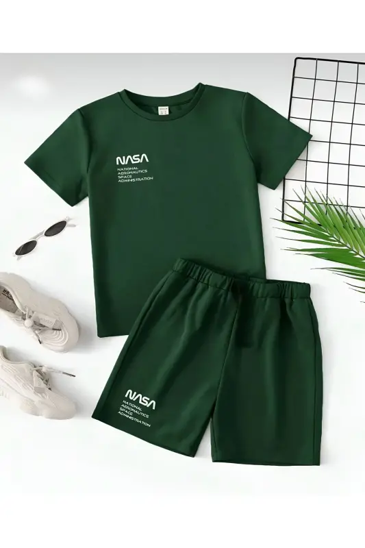 zumrut yeşili çocuk nasa baskılı alt ust şortlu takım-zumrut yeşili - BYMEER