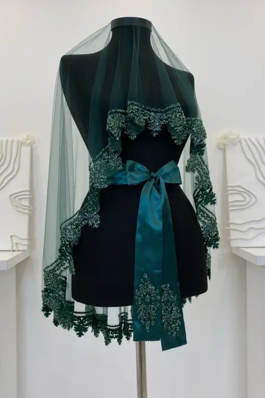 Zümrüt Yeşili Gelin Duvak Seti, Cam Boncuk ve Pul Baskılı Kına Duvağı Seti 6 Parça-Yeşil - 4